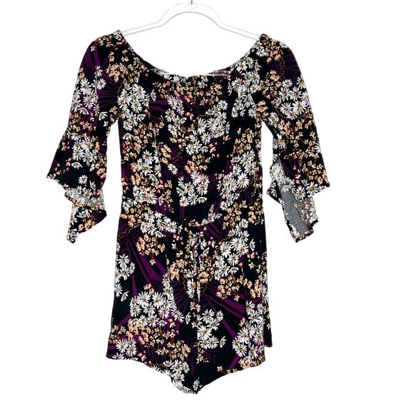 EXPRESS Floral Off-Shoulder Romper Flutter Sleeve Drawstring Black Purple Size S - Picture 1 of 6